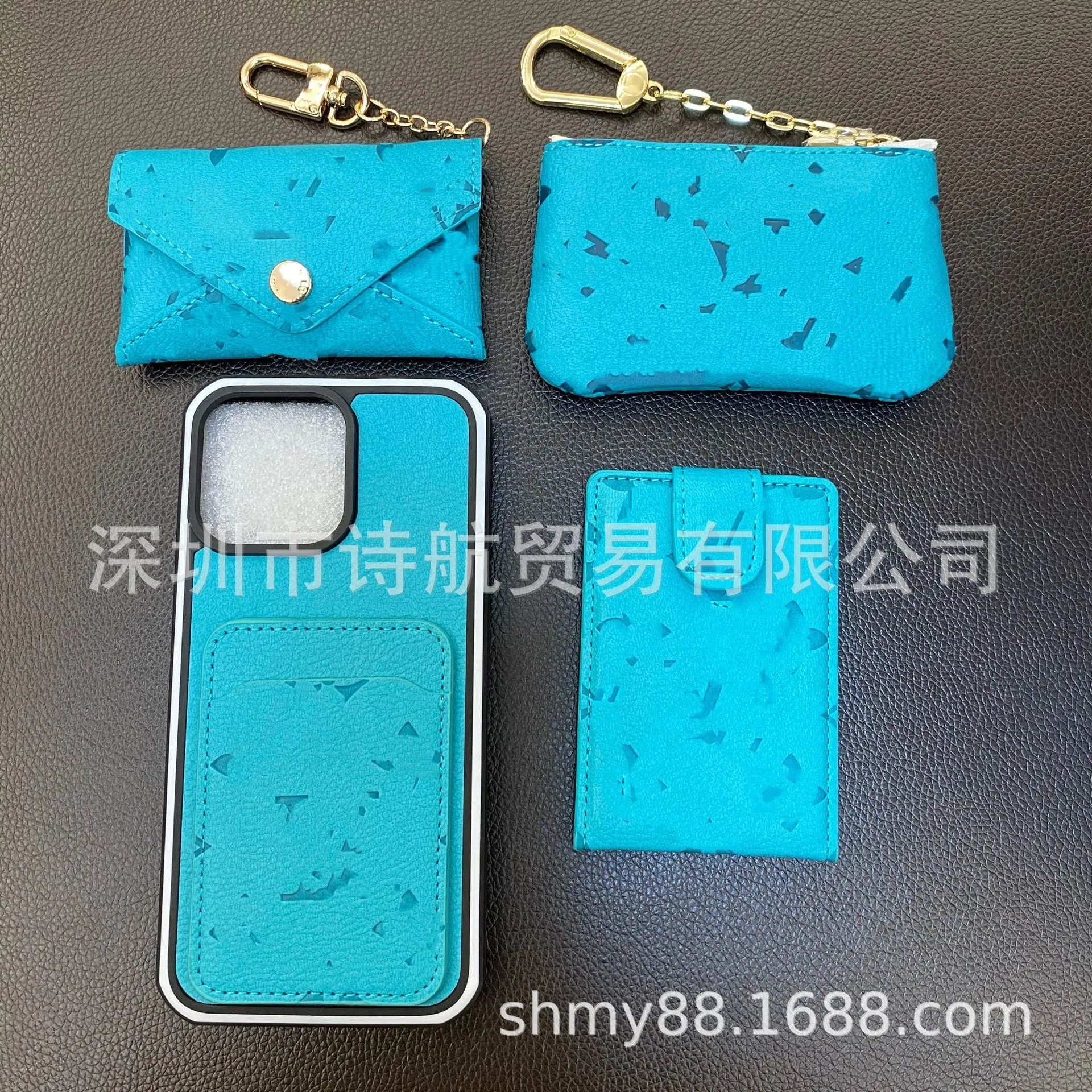 Design Turquoise Speckled Leather Phone Case and Accessories Set