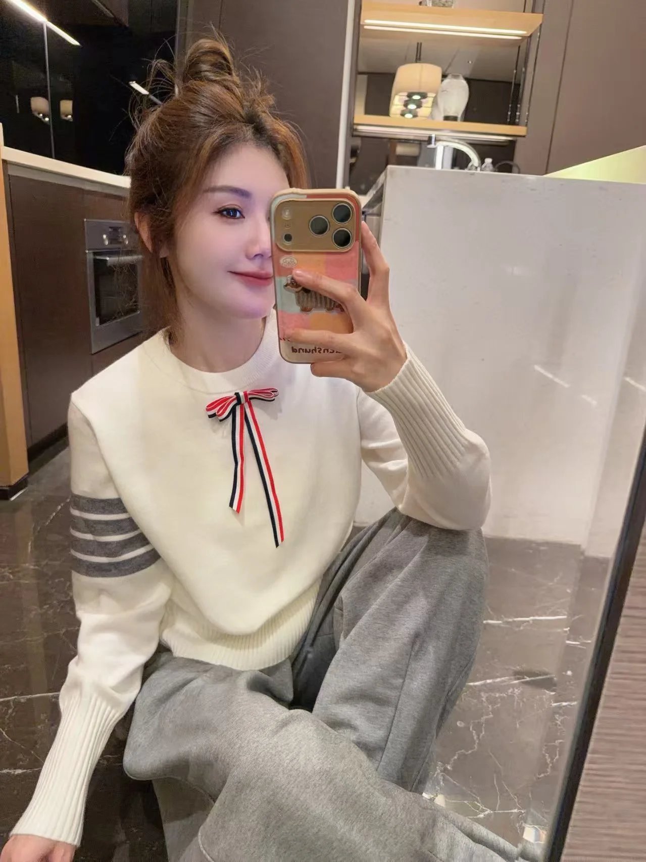 Thom Browne Red Ribbed Knit Sweater with Striped Bow and Four-Bar Cuff - 6