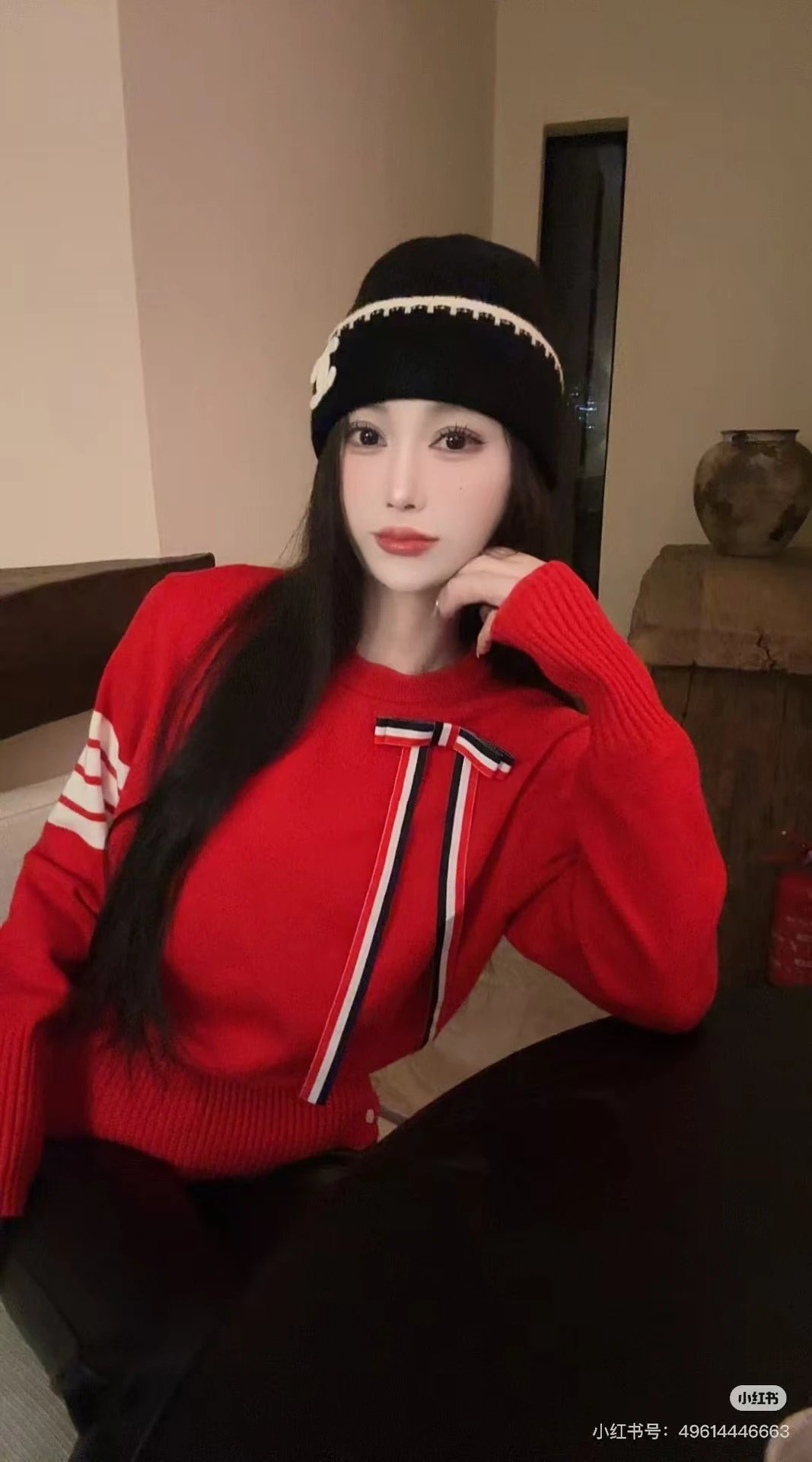 Thom Browne Red Ribbed Knit Sweater with Striped Bow and Four-Bar Cuff - 11