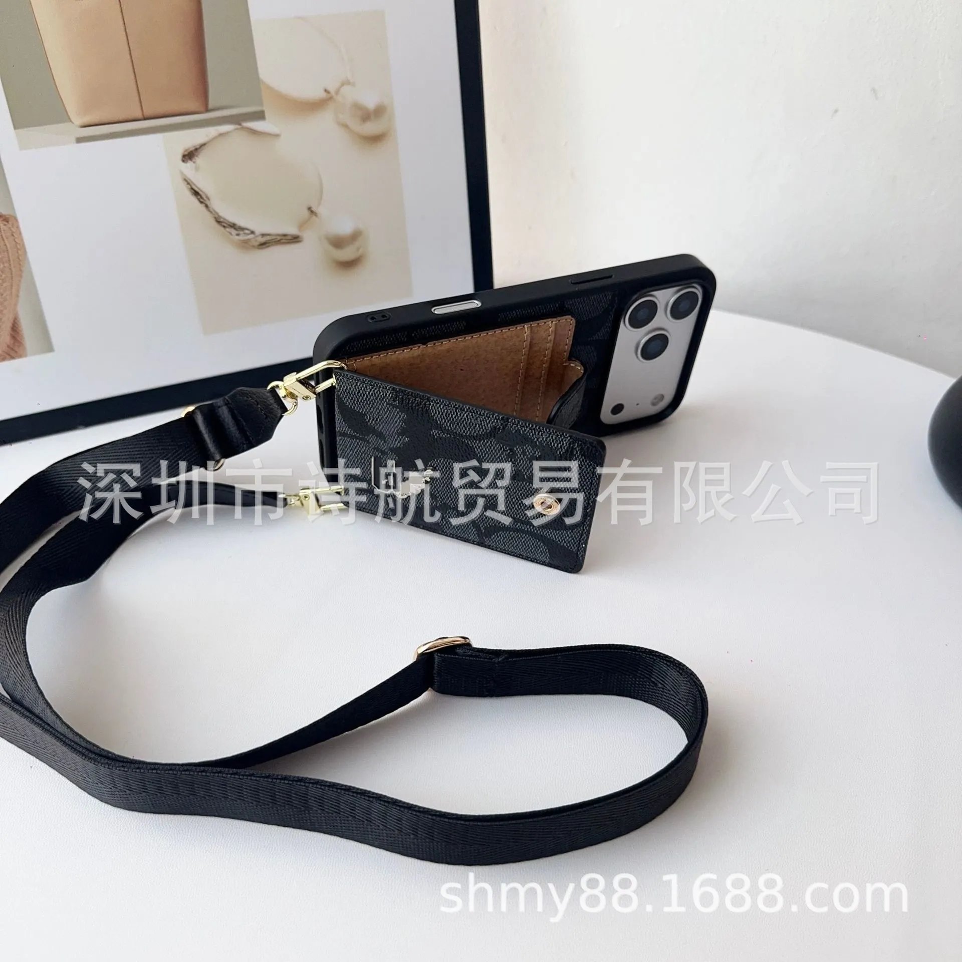 Coach Signature Print Cardholder Phone Case with Strap Black - 7