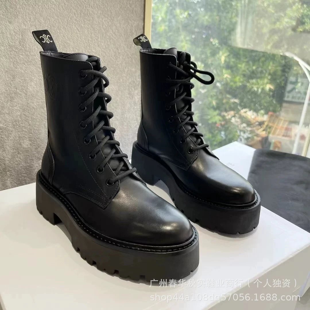 Celine Triomphe Logo Platform Combat Boots Tan - 8