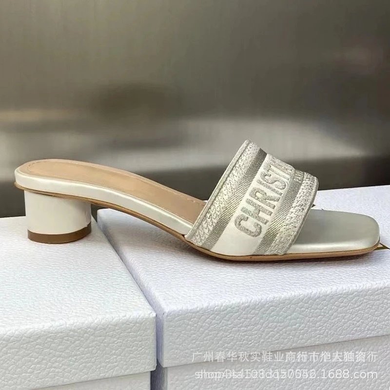 Unbranded High Heels Square-Toe Embroidered Letter Strap Block-Heel Mules image 4