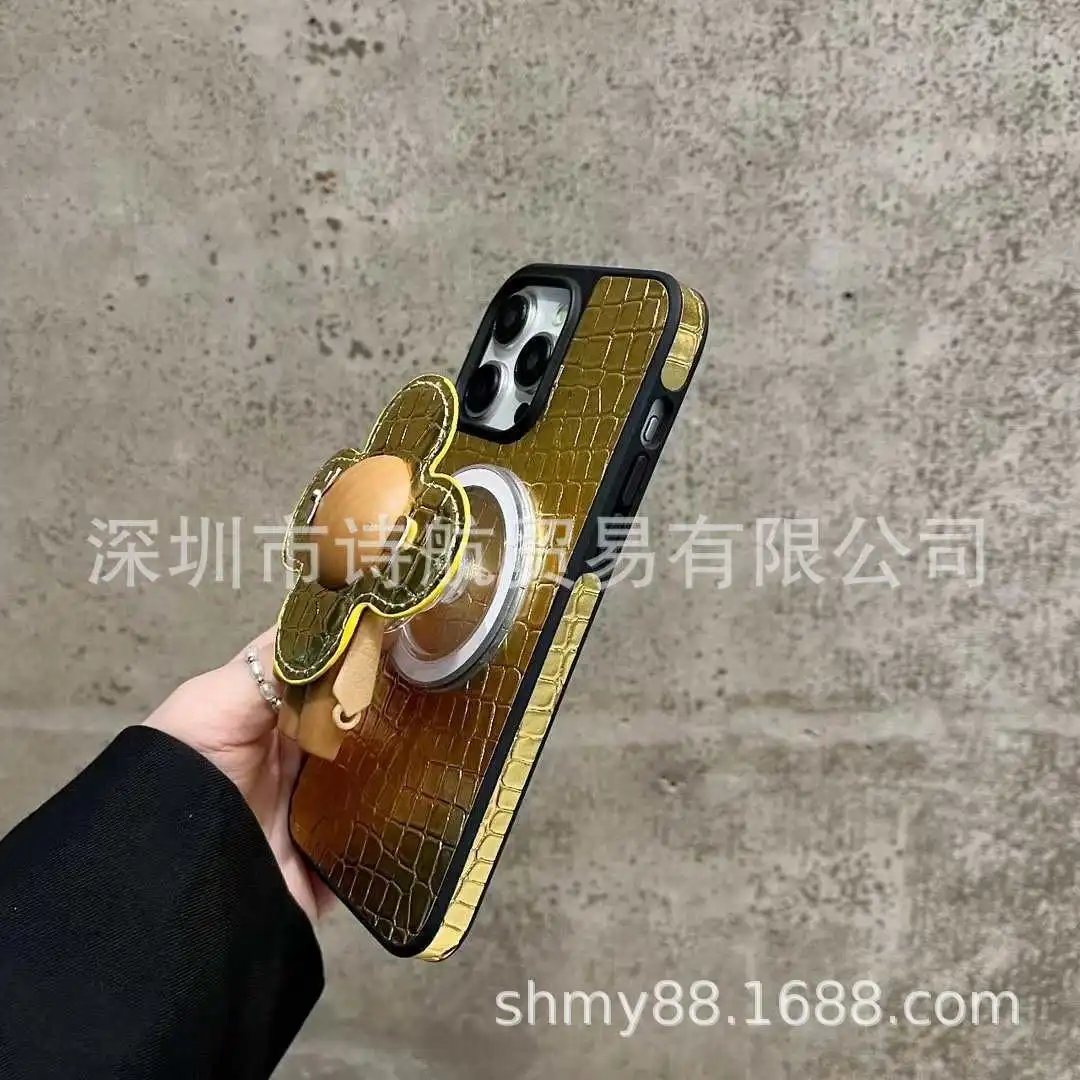 Crocodile-Texture Phone Case with Flower Ring Stand Silver Phone-Case - 7