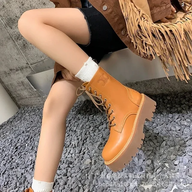 Celine Boots Triomphe Logo Lace-Up Platform Lug-Sole product detail image 5