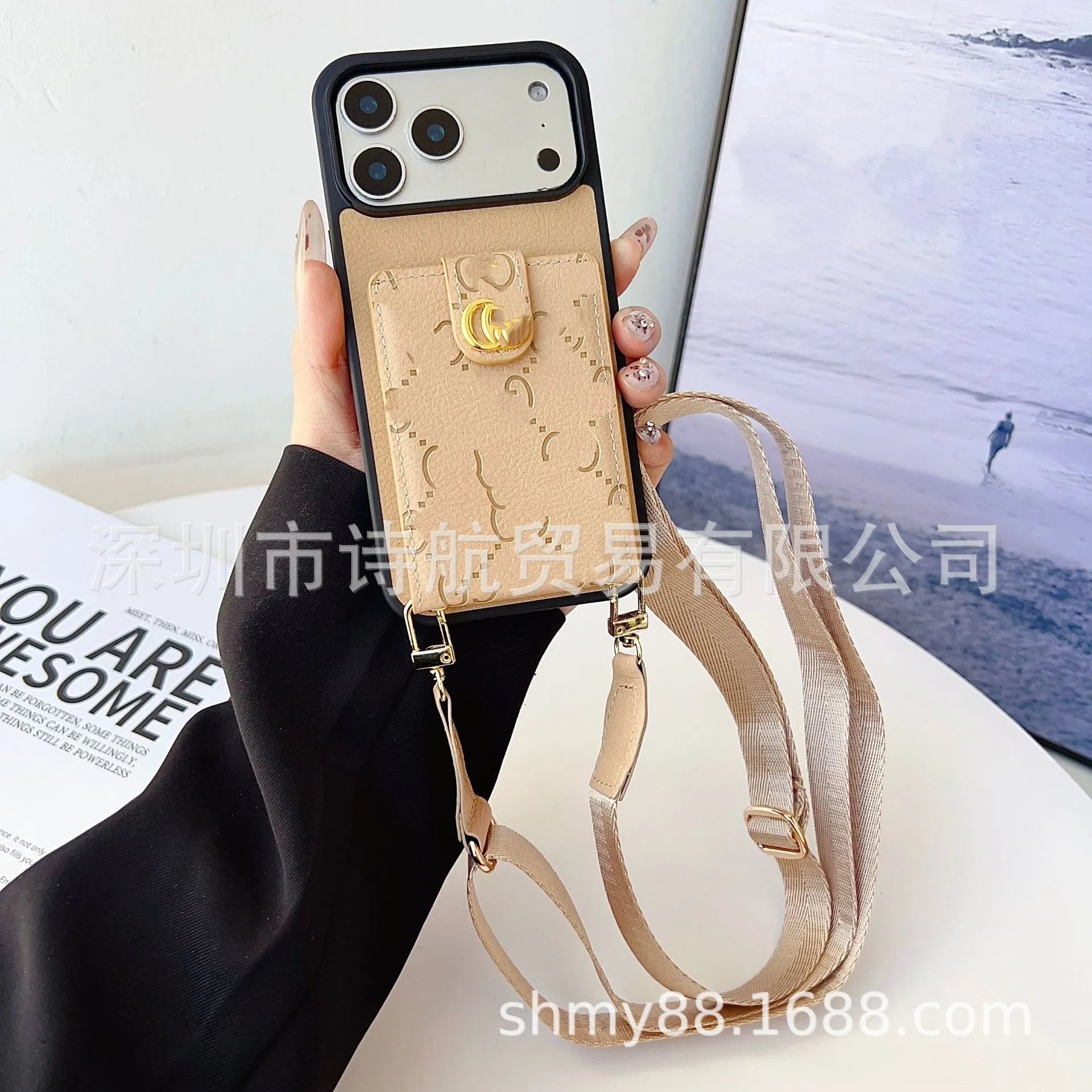 Gucci-inspired Phone Case with Card Holder and Strap in Pink - 7