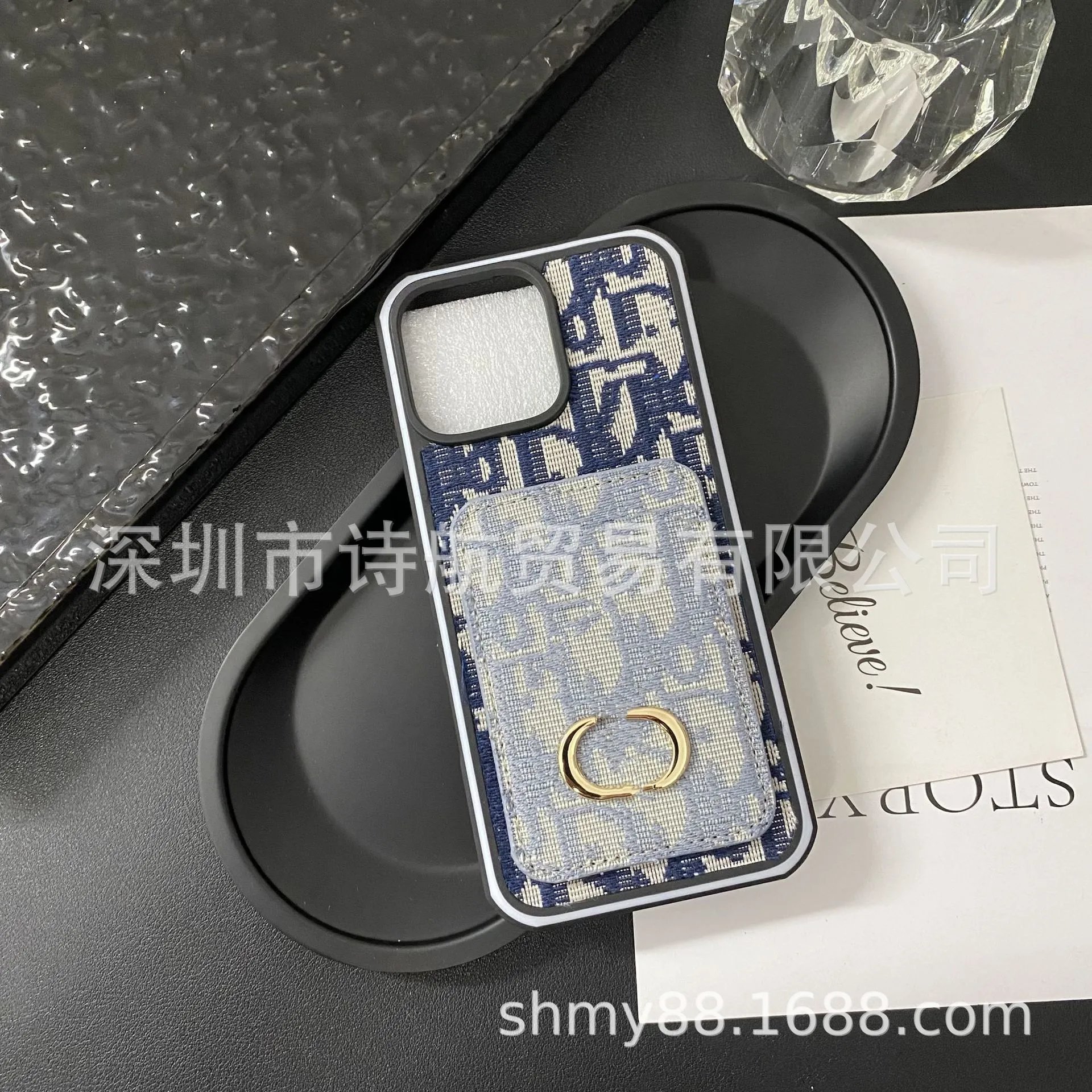Dior Oblique Print Phone Case with Gold Ring Holder Black/Beige Phone-Case - 6