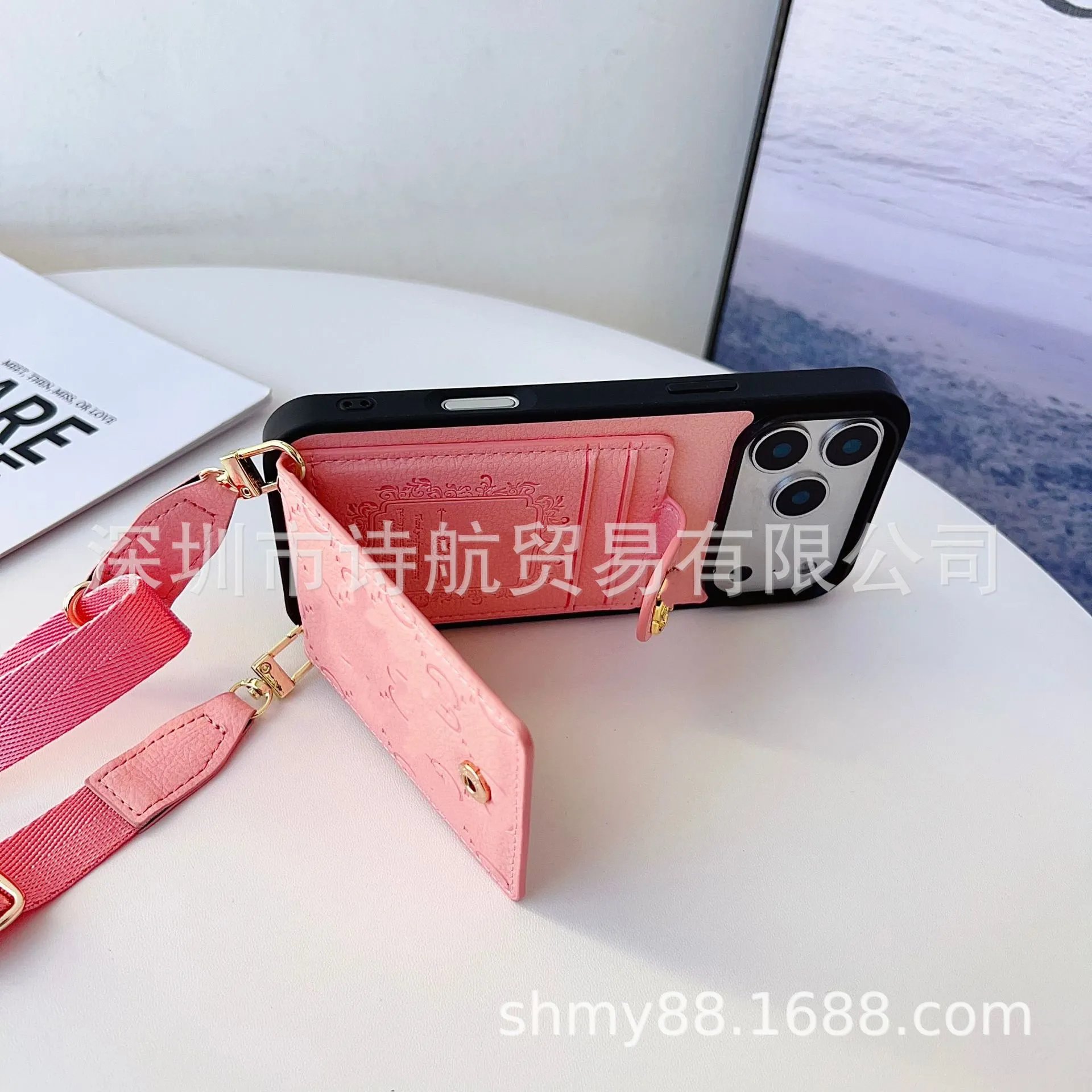 Gucci-inspired Phone Case with Card Holder and Strap in Pink - 10