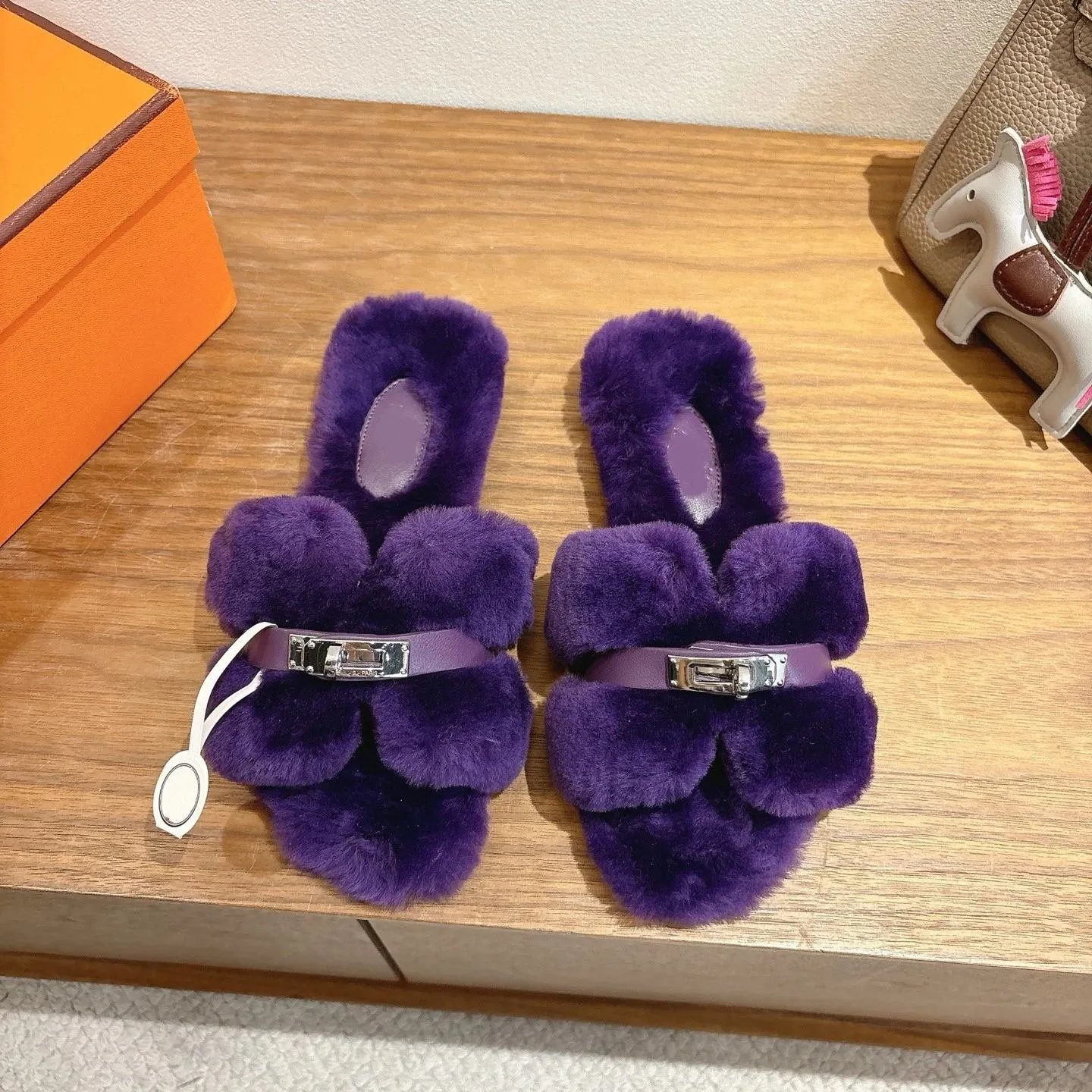 Hermès-Inspired Faux Fur Slide Sandals Beige Slippers - 9