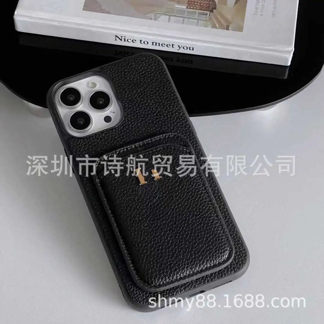 Beige Leather Cardholder Phone Case with Gold Logo - 4