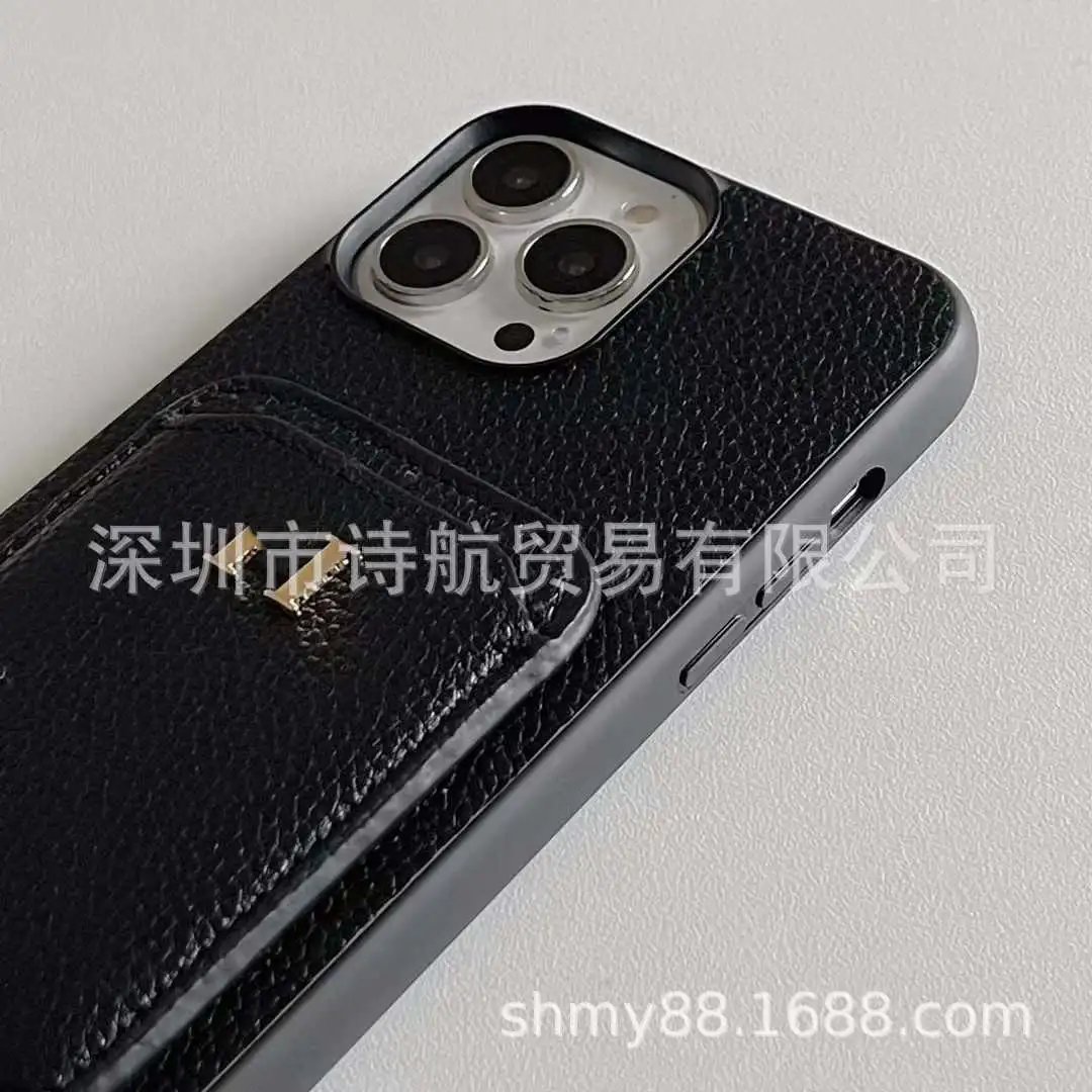 Beige Leather Cardholder Phone Case with Gold Logo - 7