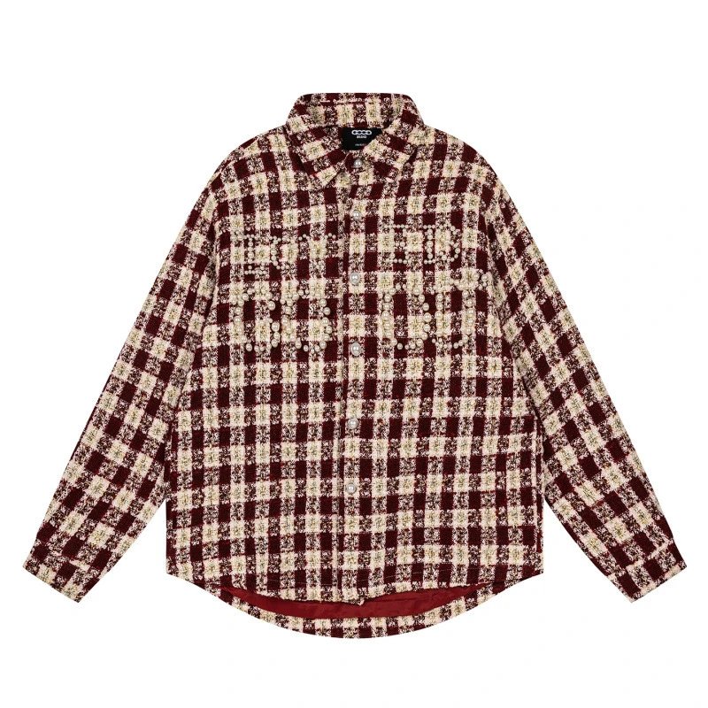 GRA Love Is Good Pearl-Embroidered Plaid Shirt Blue Beige - 8