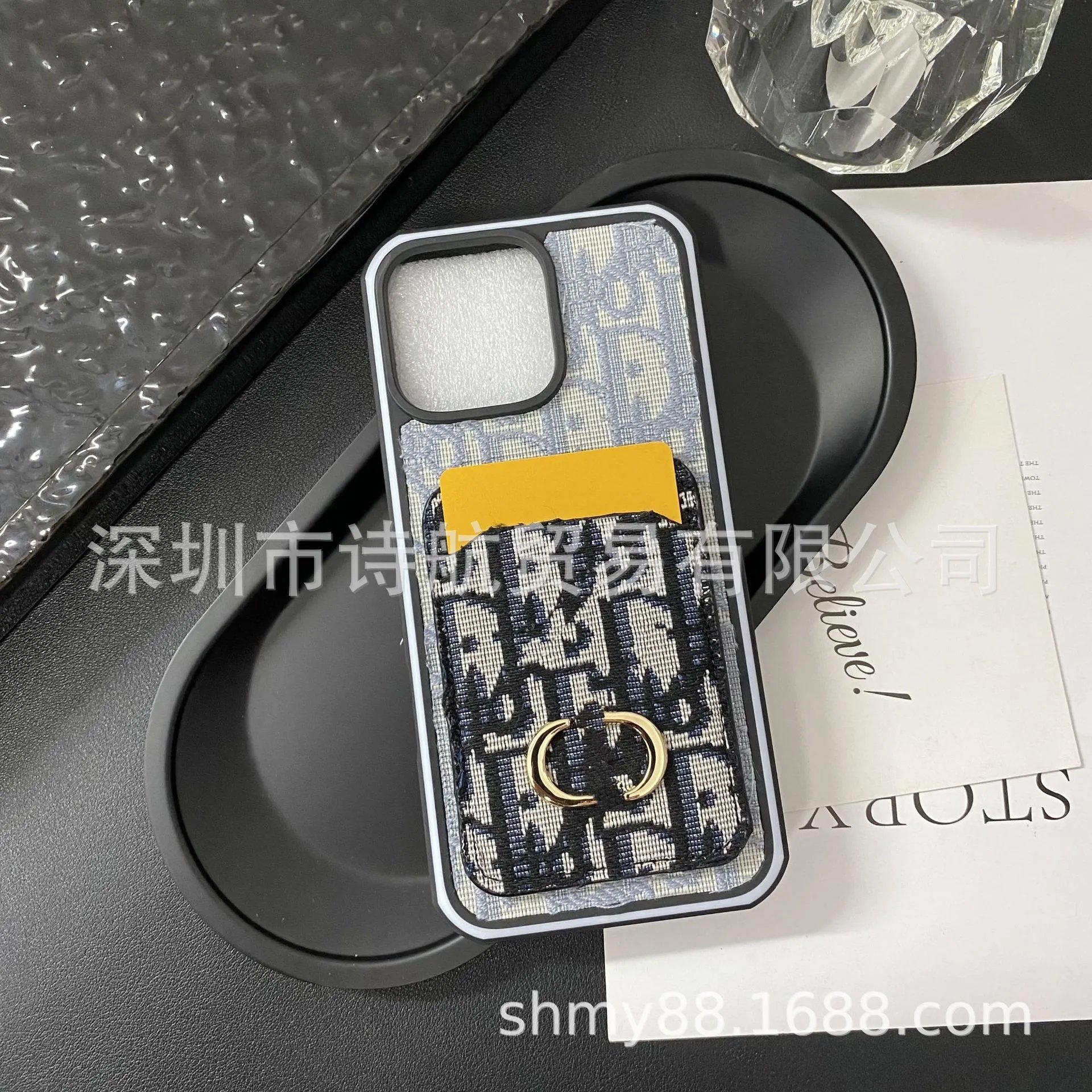 Dior Oblique Print Phone Case with Gold Ring Holder Black/Beige Phone-Case - 5
