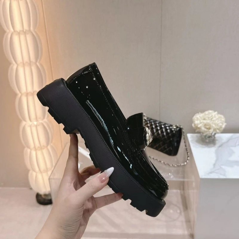 Chanel CC Camellia Loafers Black Patent Leather Loafers - 7