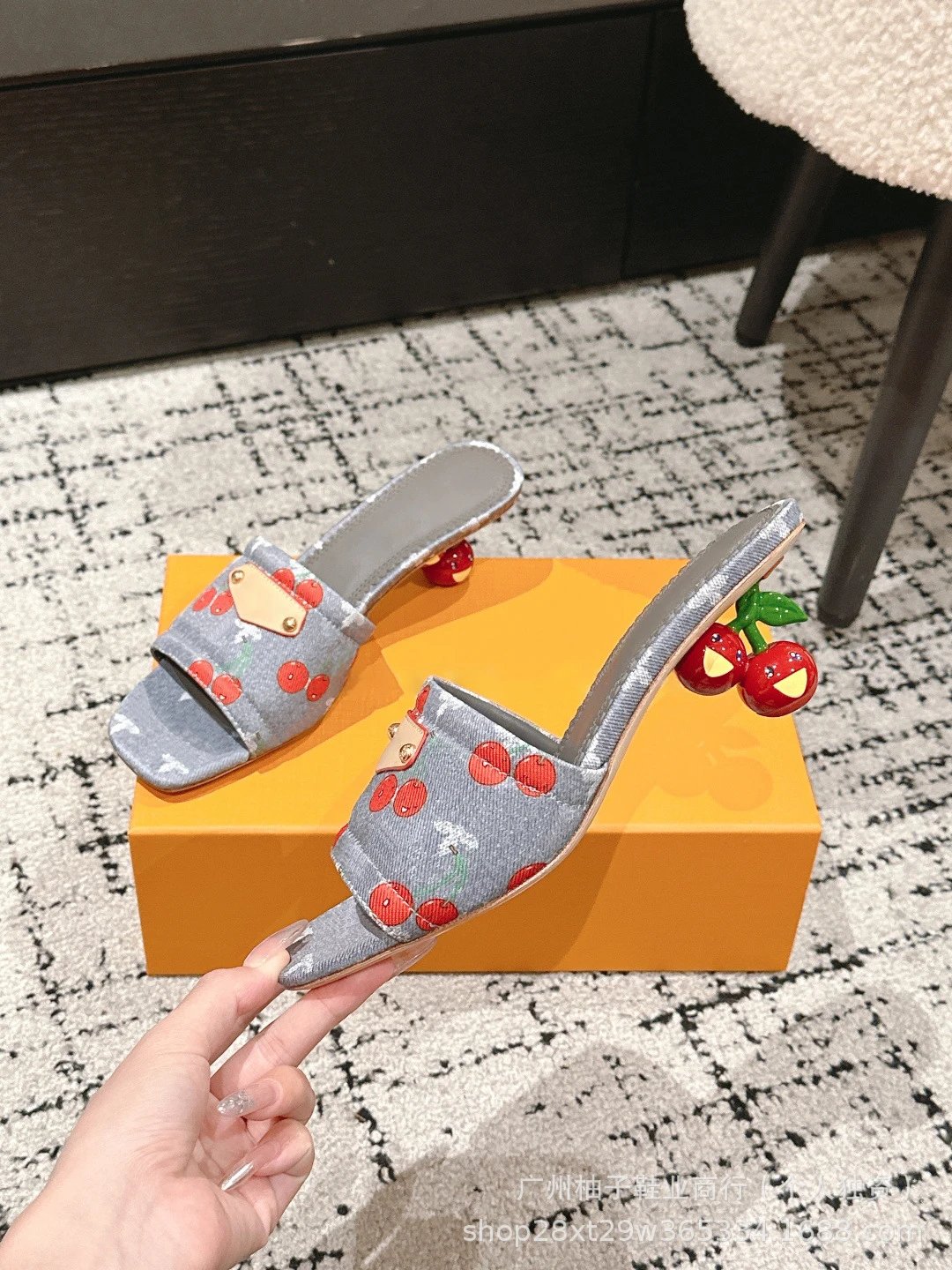 Cherry Blossom Print Mule Sandals with Fruit Heel Pink Slippers - 17