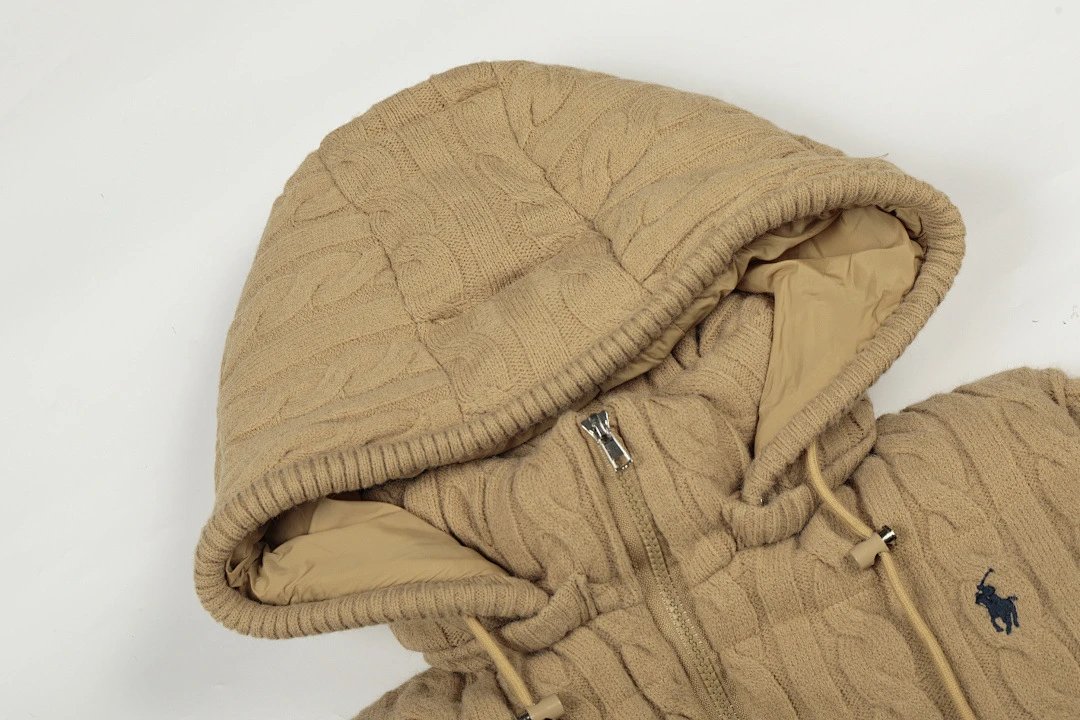Ralph Lauren Cable Knit Puffer Hoodie Gray Outerwear - 9