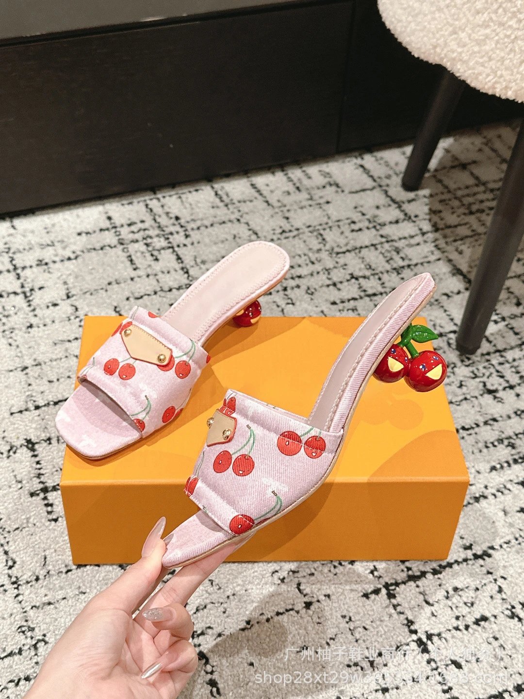 Cherry Blossom Print Mule Sandals with Fruit Heel Pink Slippers - 21