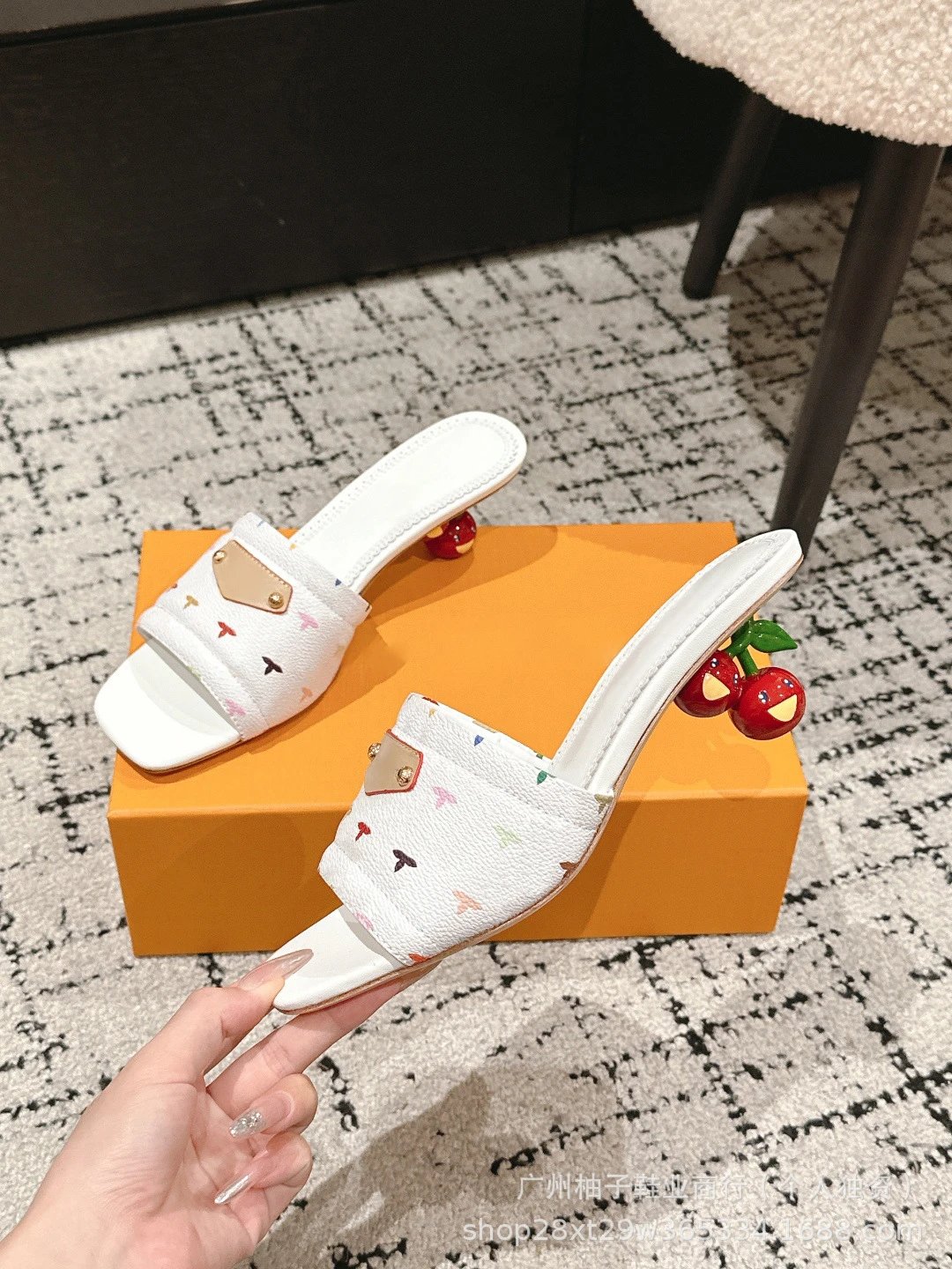 Cherry Blossom Print Mule Sandals with Fruit Heel Pink Slippers - 33