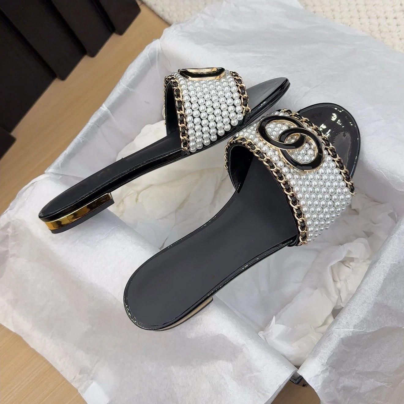 Chanel-Inspired Pearl Chain Slide Sandals Black - 4