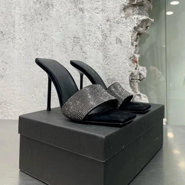 Unbranded High Heels Square-Toe Rhinestone Strap Stiletto Mules product detail image 1