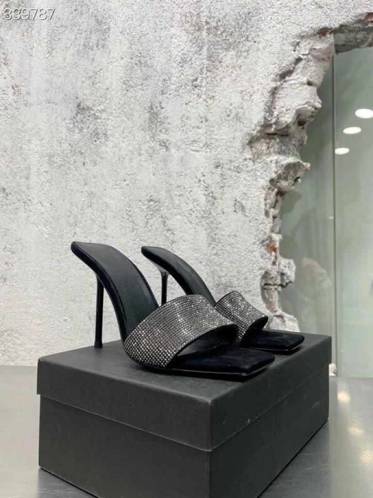 Black Crystal-Embellished Square-Toe Mule Heels - 8