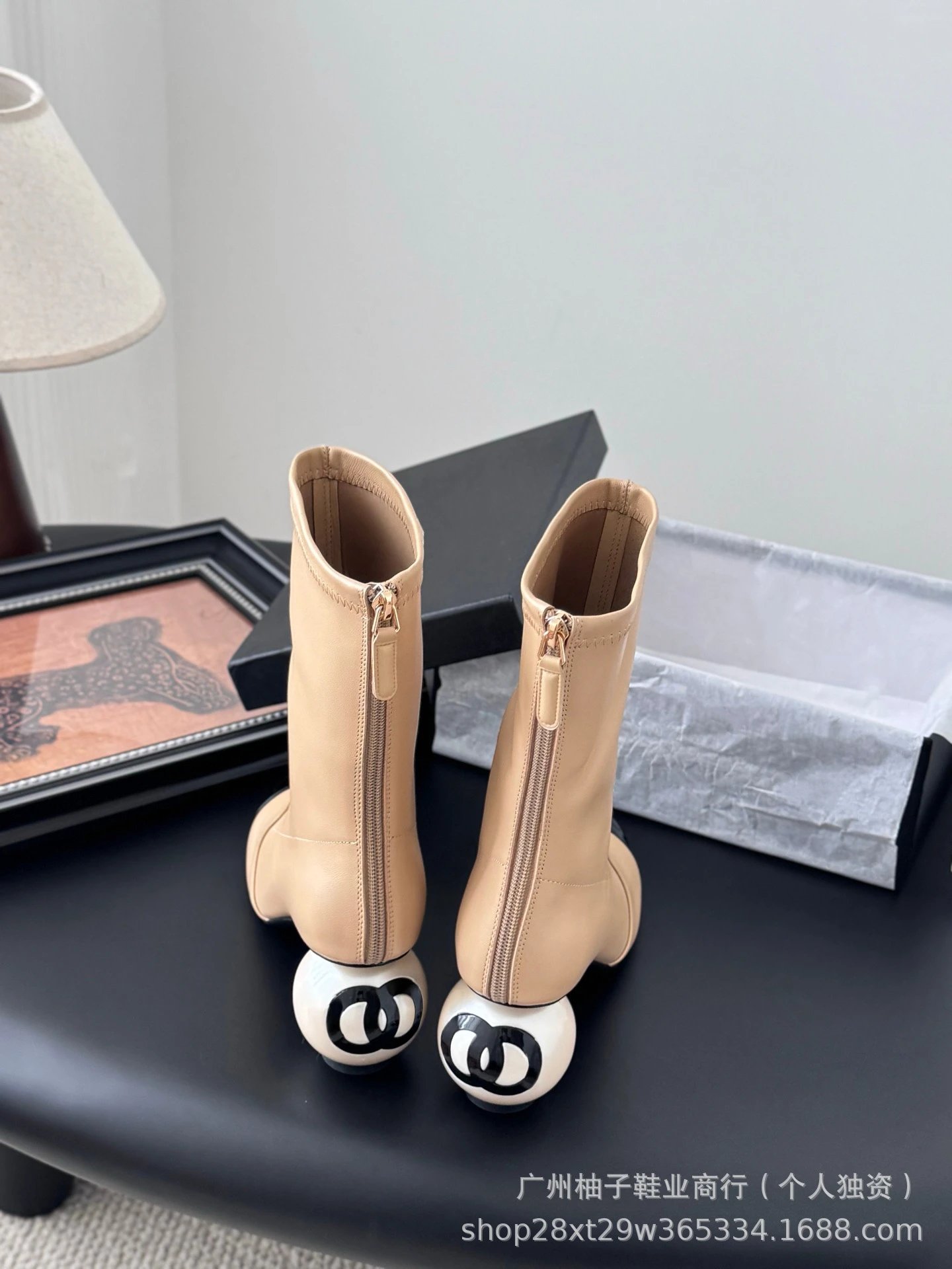Chanel-Inspired Pearl Heel Ankle Boots White with Black Cap Toe - 7