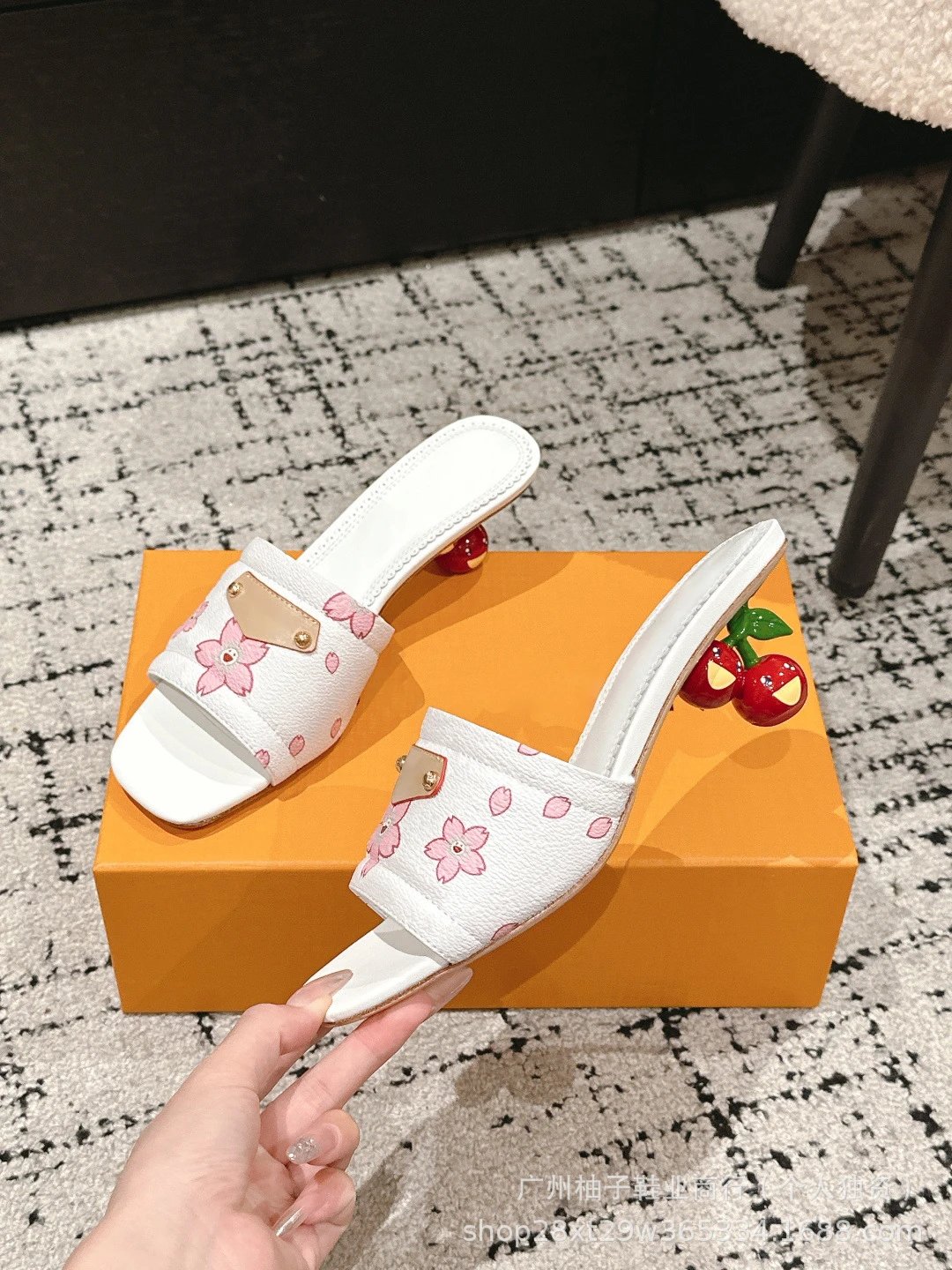 Cherry Blossom Print Mule Sandals with Fruit Heel Pink Slippers - 7