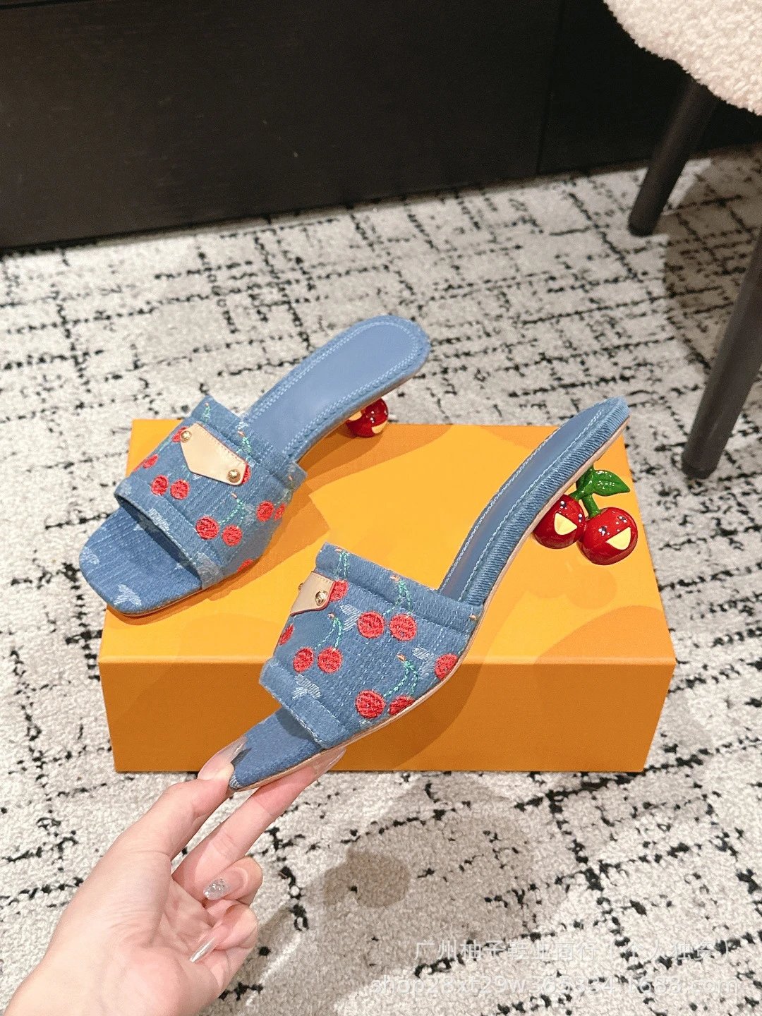 Louis Vuitton Cherry-Embroidered Denim Mule Slippers Blue