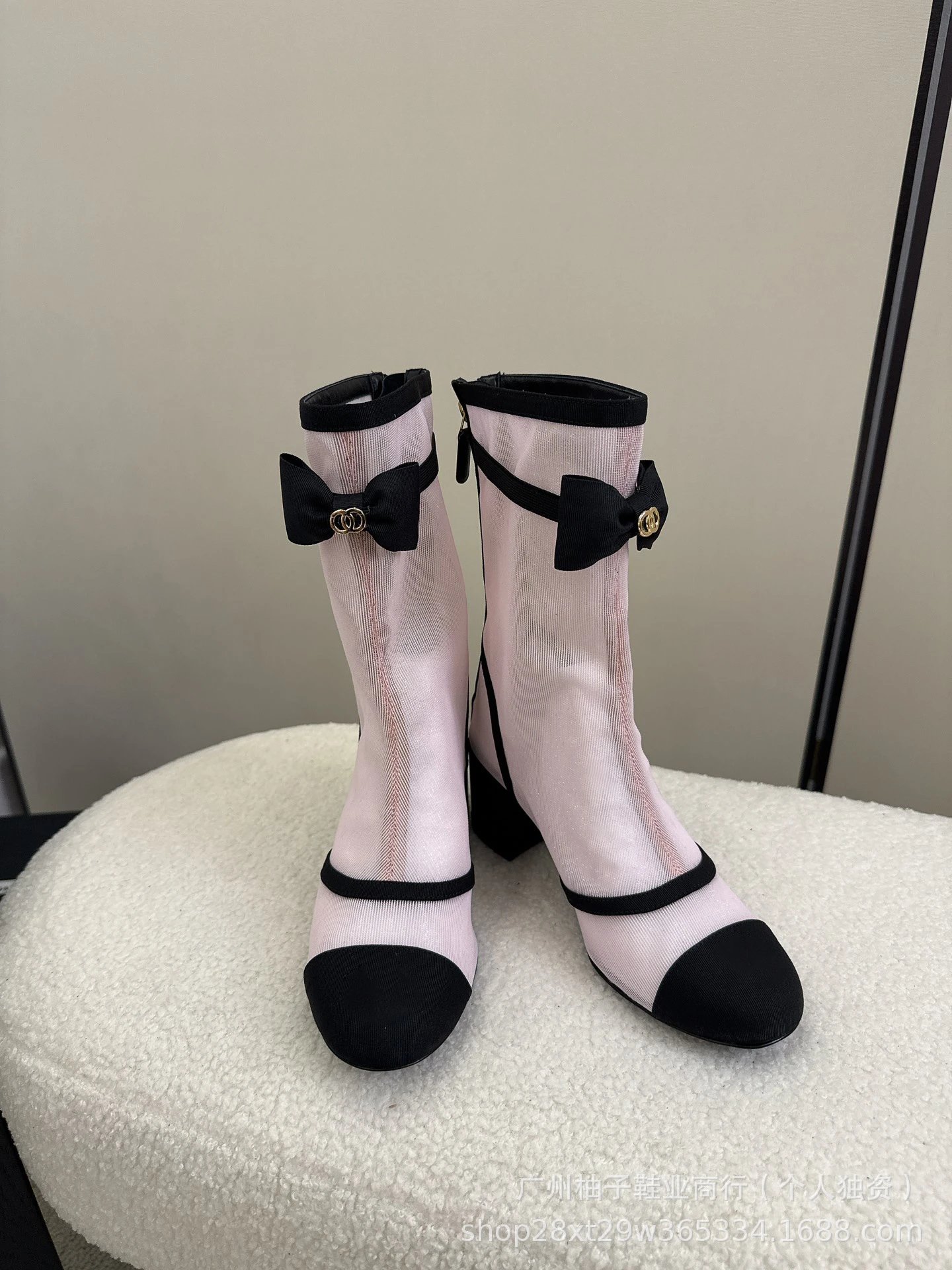 Chanel-inspired Bow Detail Beige and Black Cap-Toe Ankle Boots - 12