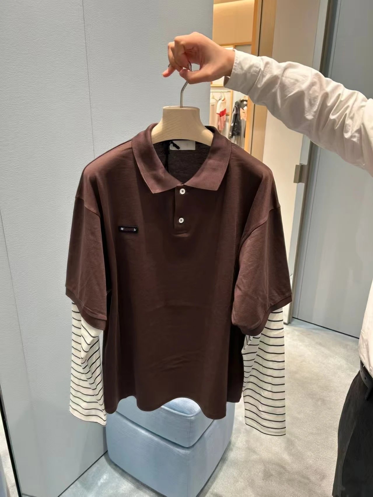 Gallery Dept. Layered Polo Brown Striped Sleeve Top - 4
