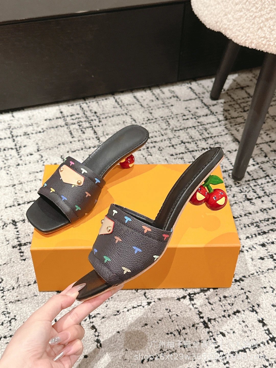 Cherry Blossom Print Mule Sandals with Fruit Heel Pink Slippers - 31