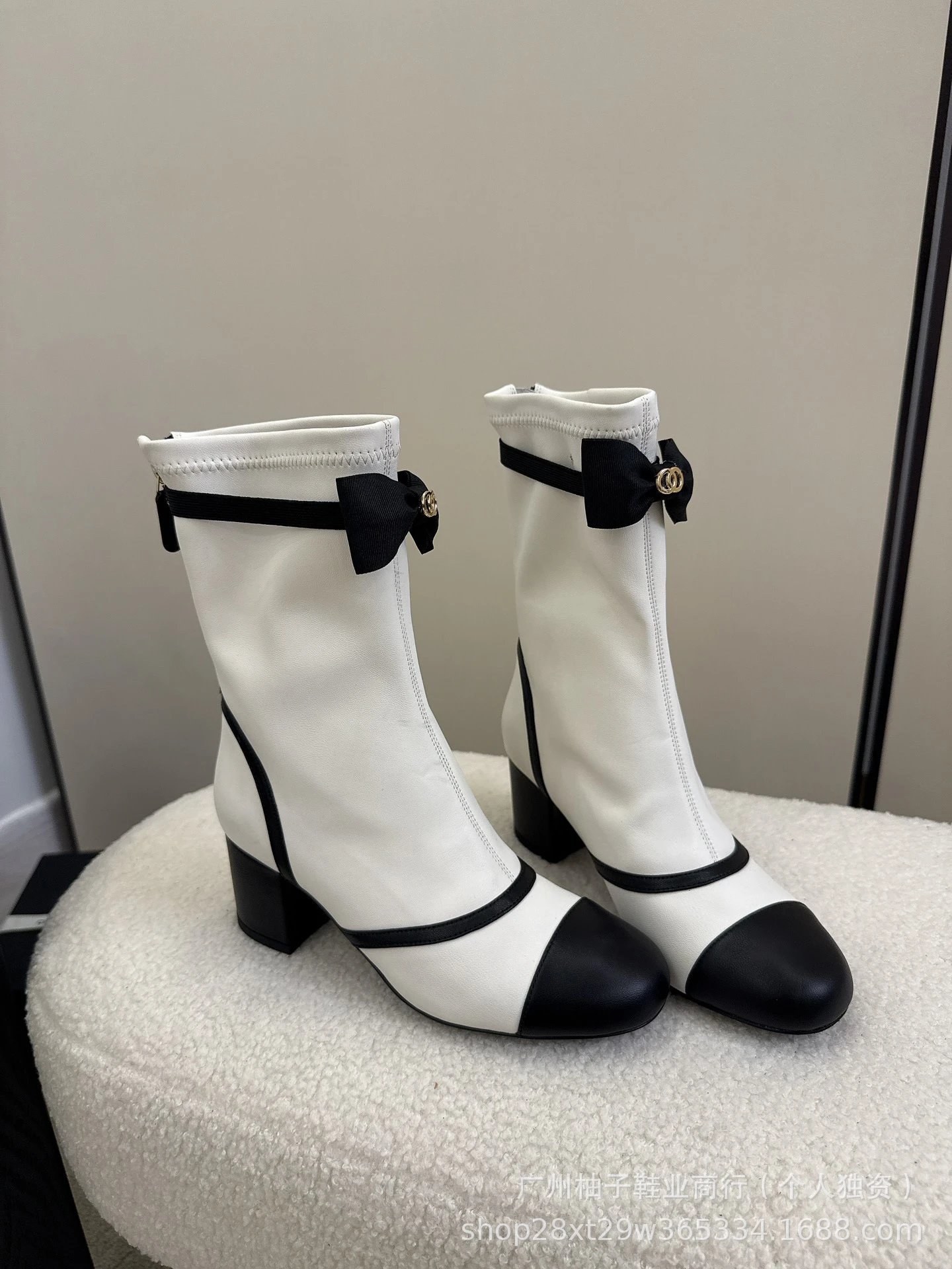 Chanel-inspired Bow Detail Beige and Black Cap-Toe Ankle Boots - 6