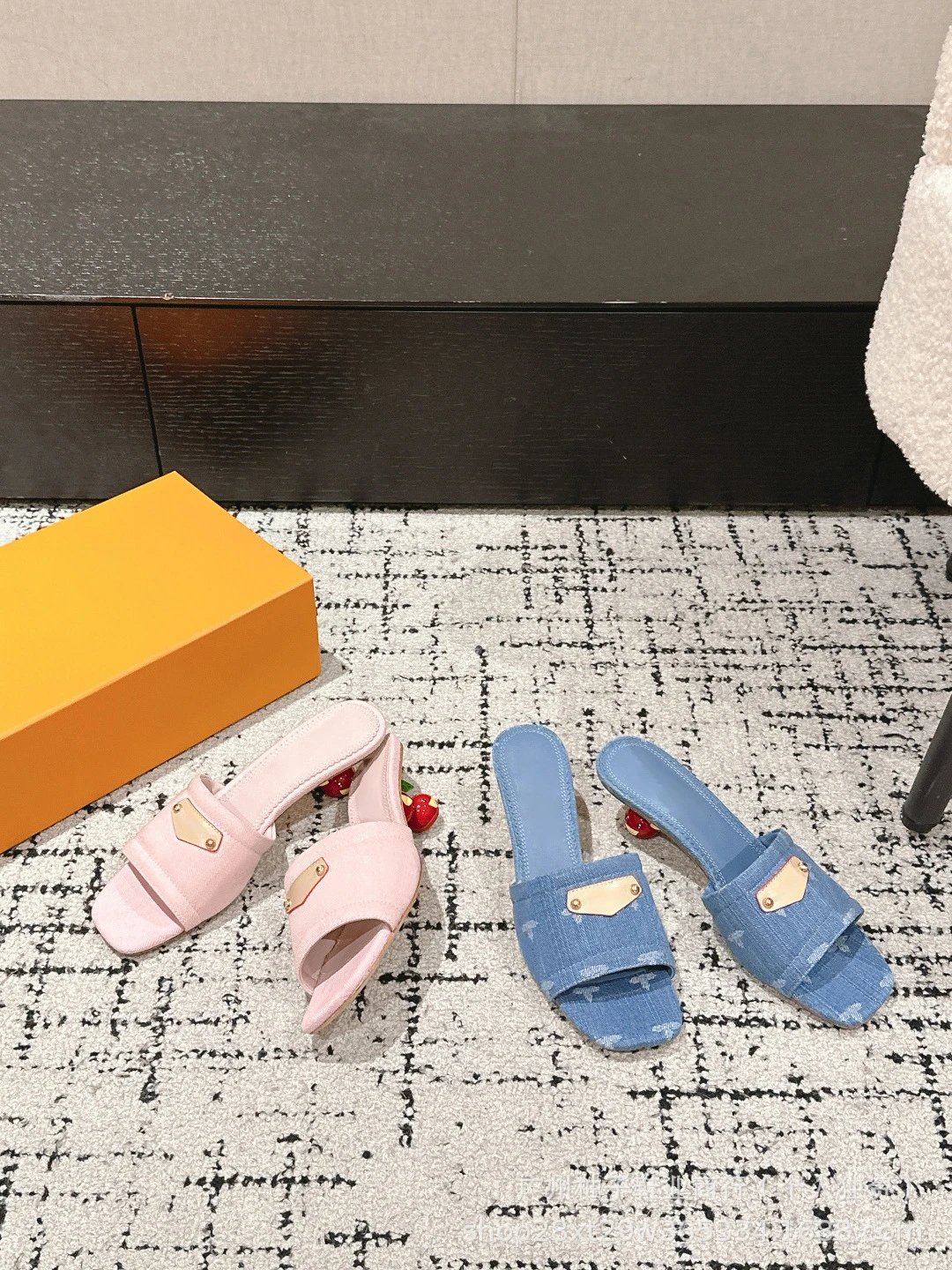 Cherry Blossom Print Mule Sandals with Fruit Heel Pink Slippers - 9
