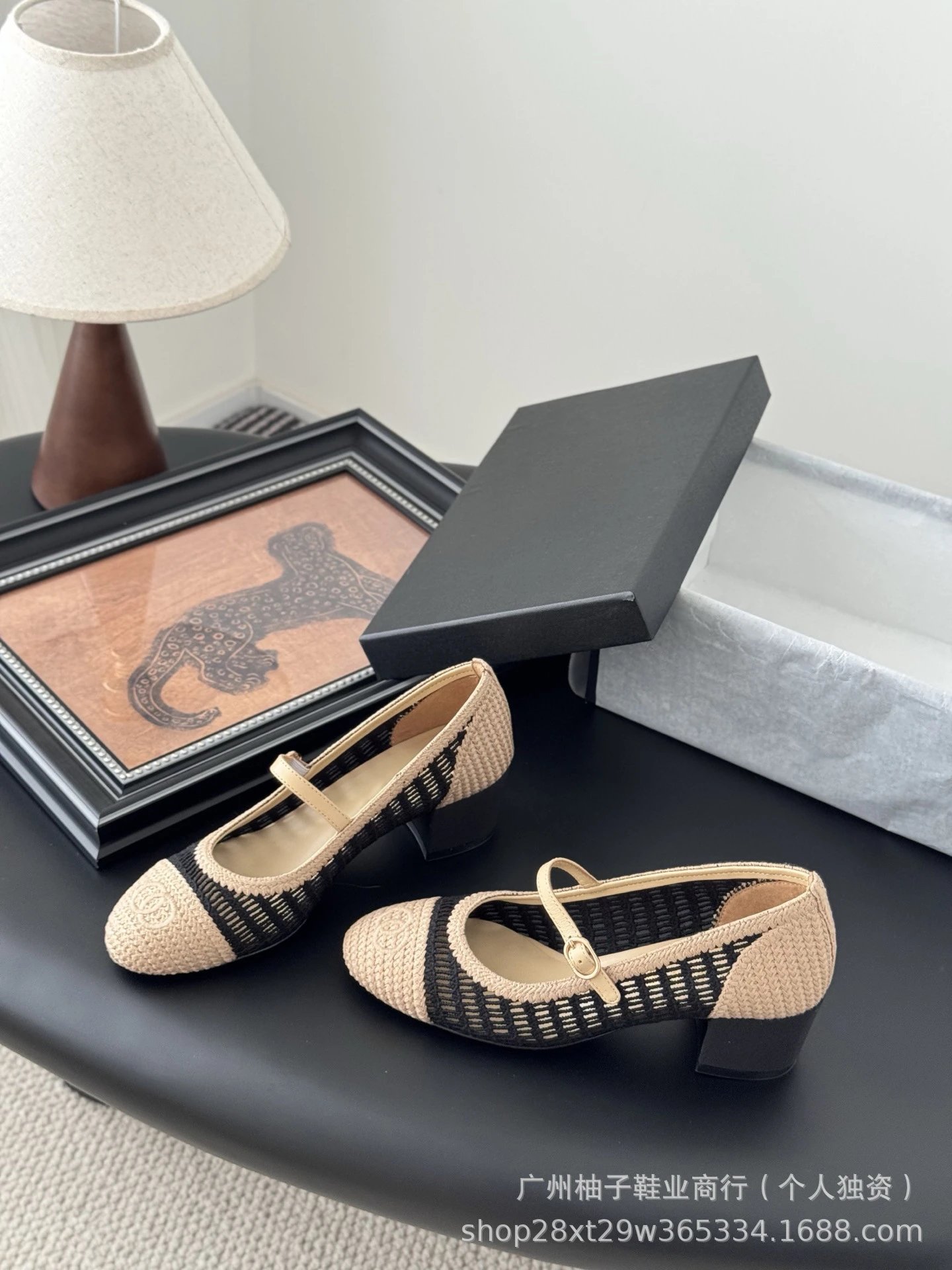 Chanel Mary Jane Block Heel Knit Black Shoes - 19