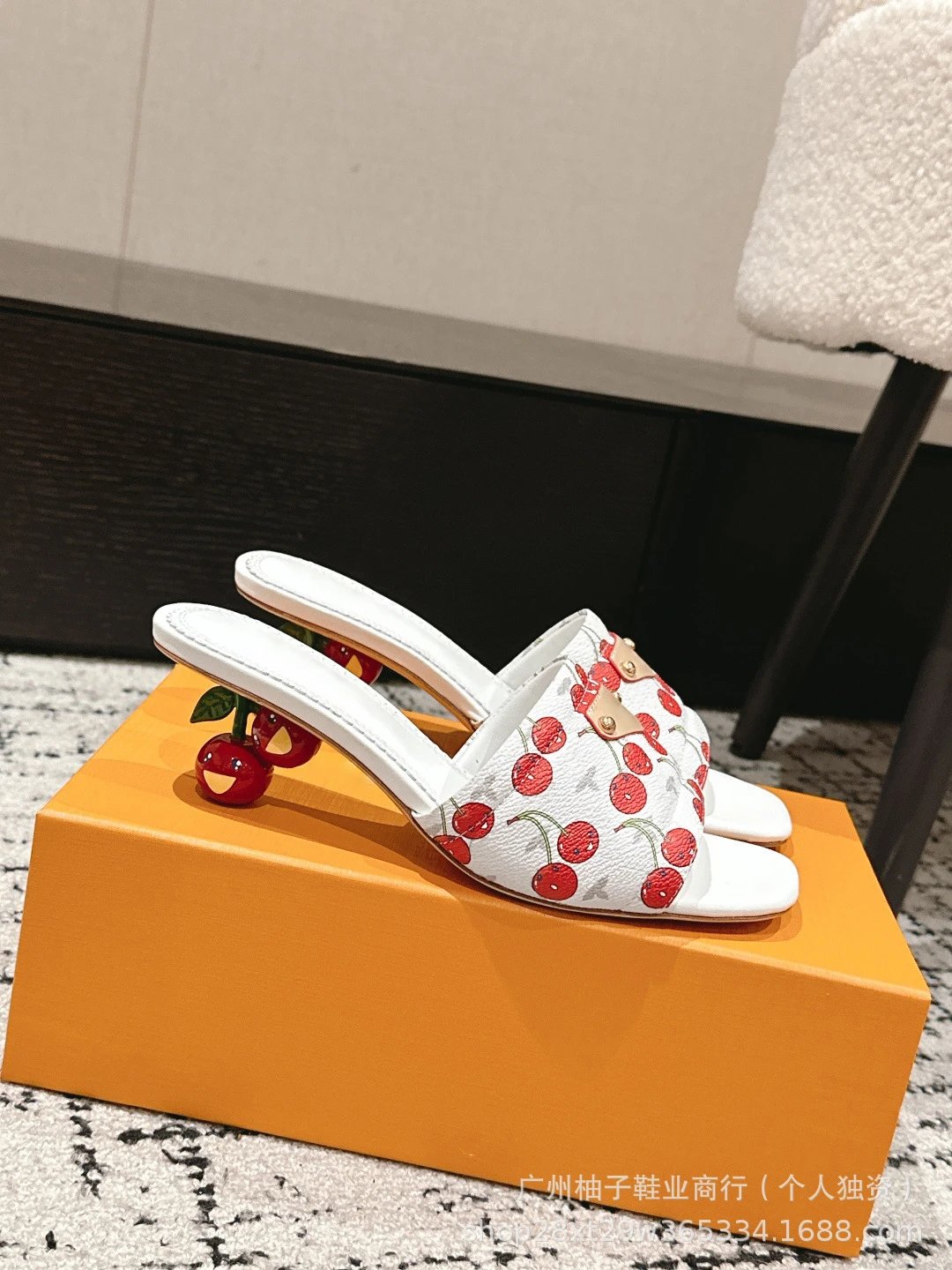 Cherry Blossom Print Mule Sandals with Fruit Heel Pink Slippers - 27