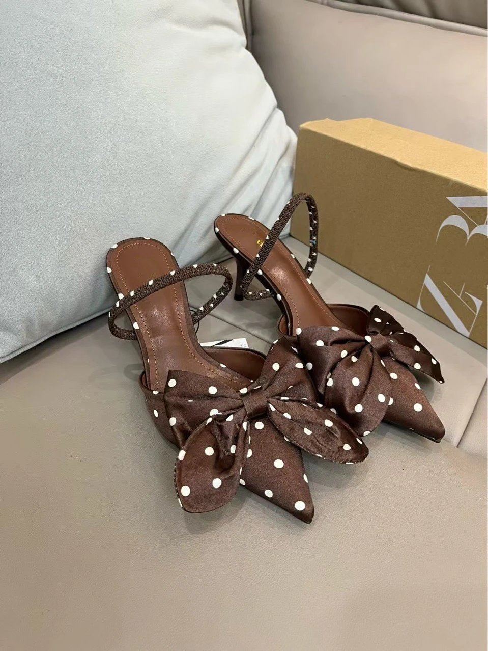 Brown Polka Dot Bow Detail Slingback Heels - 3