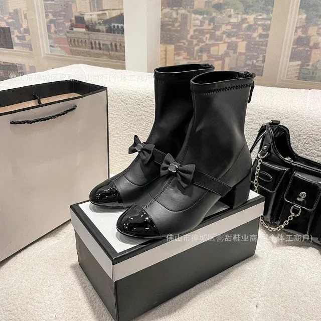 Chanel Boots Bow Colorblock Ankle with Patent Toe Caps product detail image 4