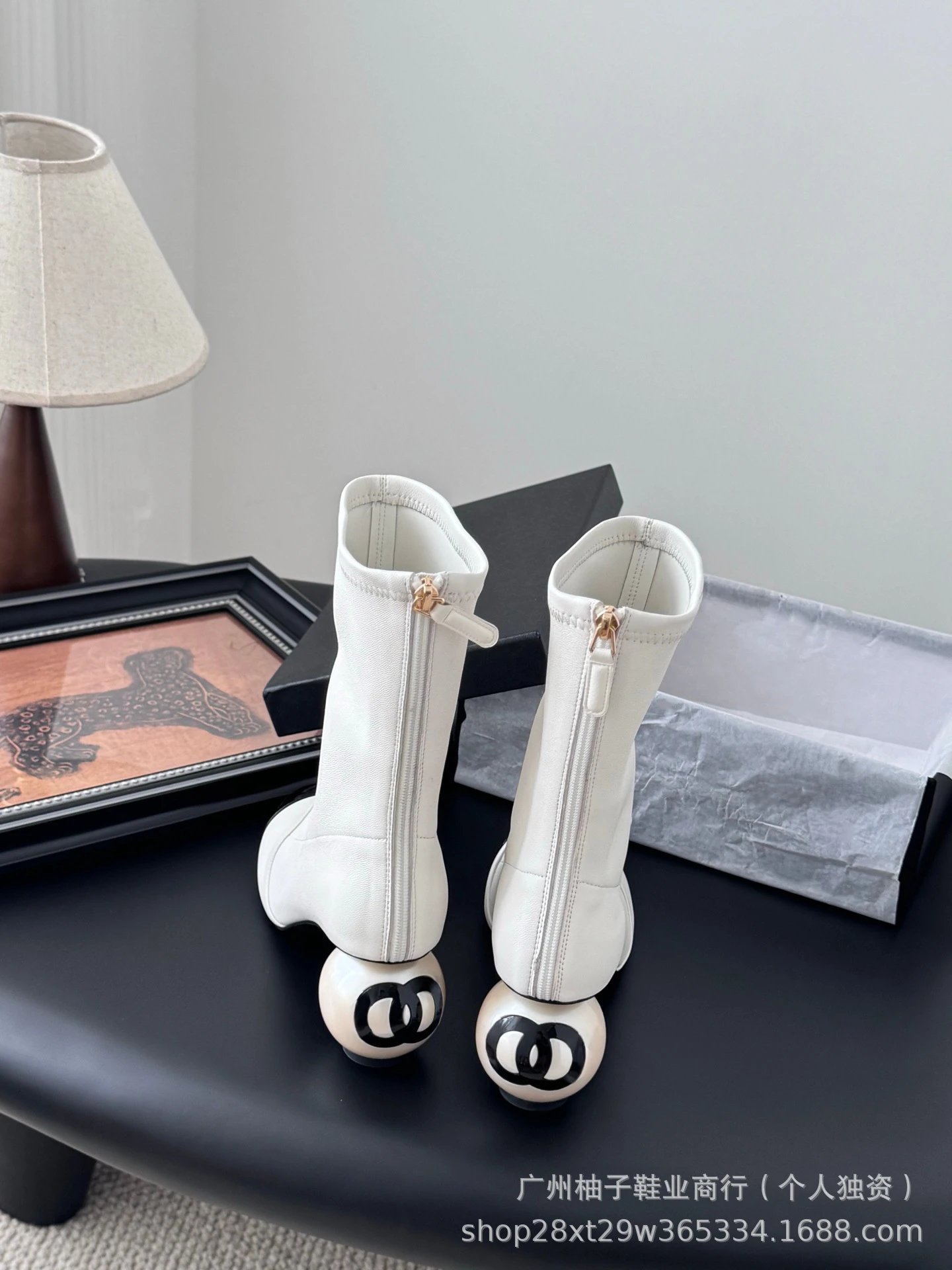 Chanel-Inspired Pearl Heel Ankle Boots White with Black Cap Toe - 5