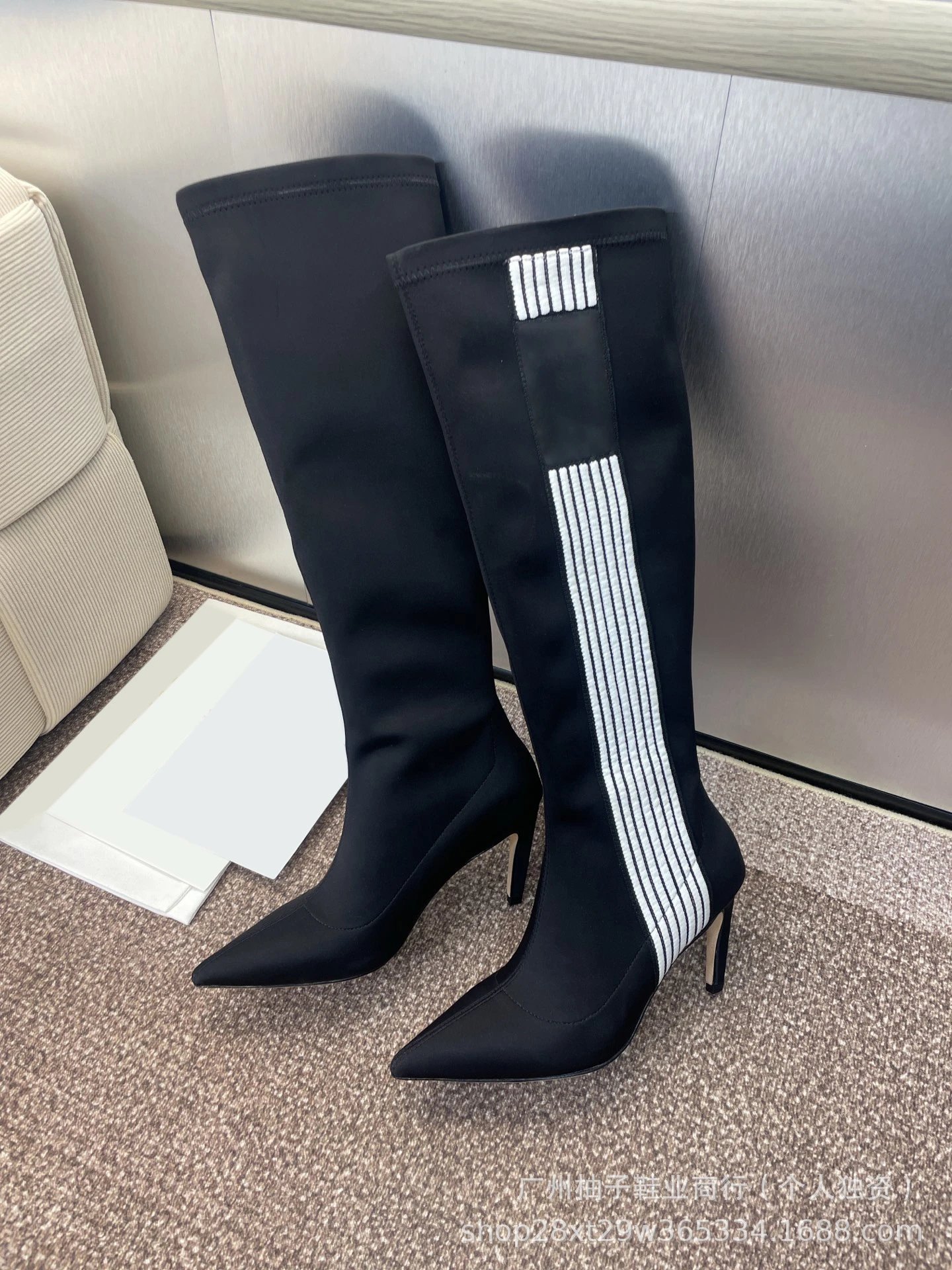 Balenciaga Knife Boots Black with White Stripe Detail Ankle Boots - 15