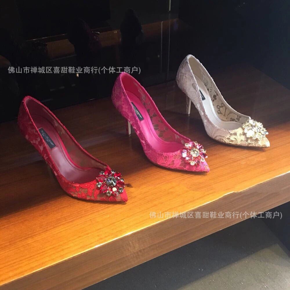 Lace Embroidered Stiletto Heels in Gray with Crystal Buckle - 2
