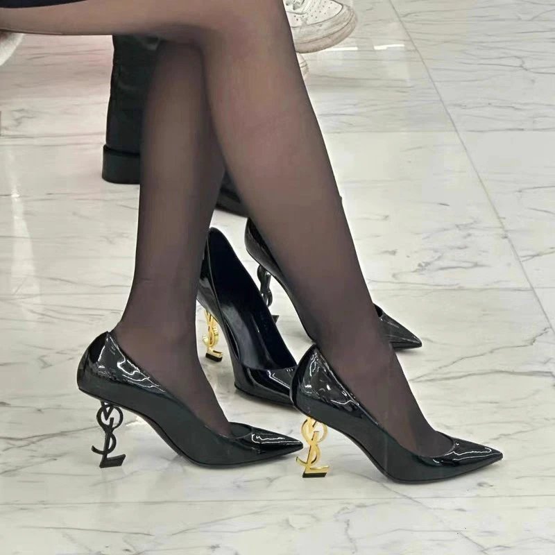 Saint Laurent High Heels Pointed-Toe Patent Pumps with YSL Monogram Heel image 4