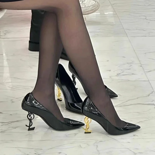 Saint Laurent High Heels Pointed-Toe Patent Pumps with YSL Monogram Heel product detail image 4