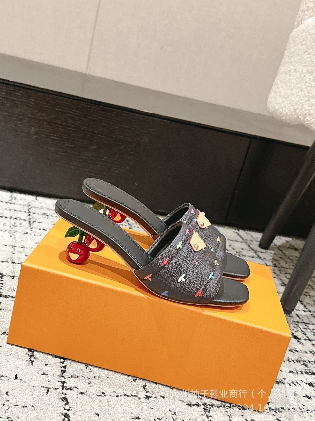 Cherry Blossom Print Mule Sandals with Fruit Heel Pink Slippers - 32