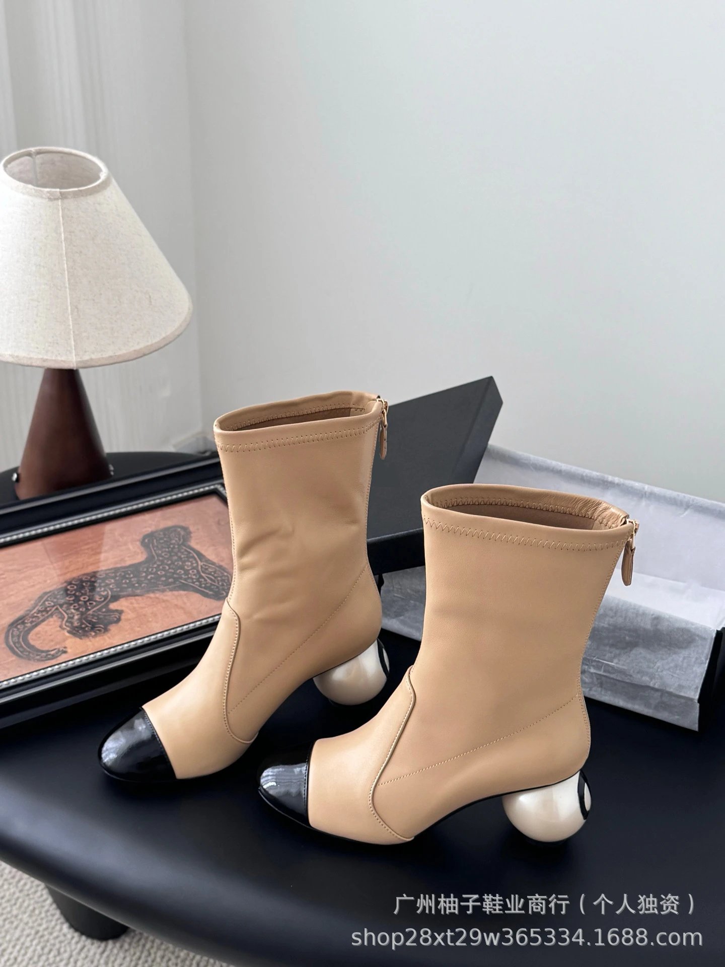 Chanel-Inspired Pearl Heel Ankle Boots White with Black Cap Toe - 6