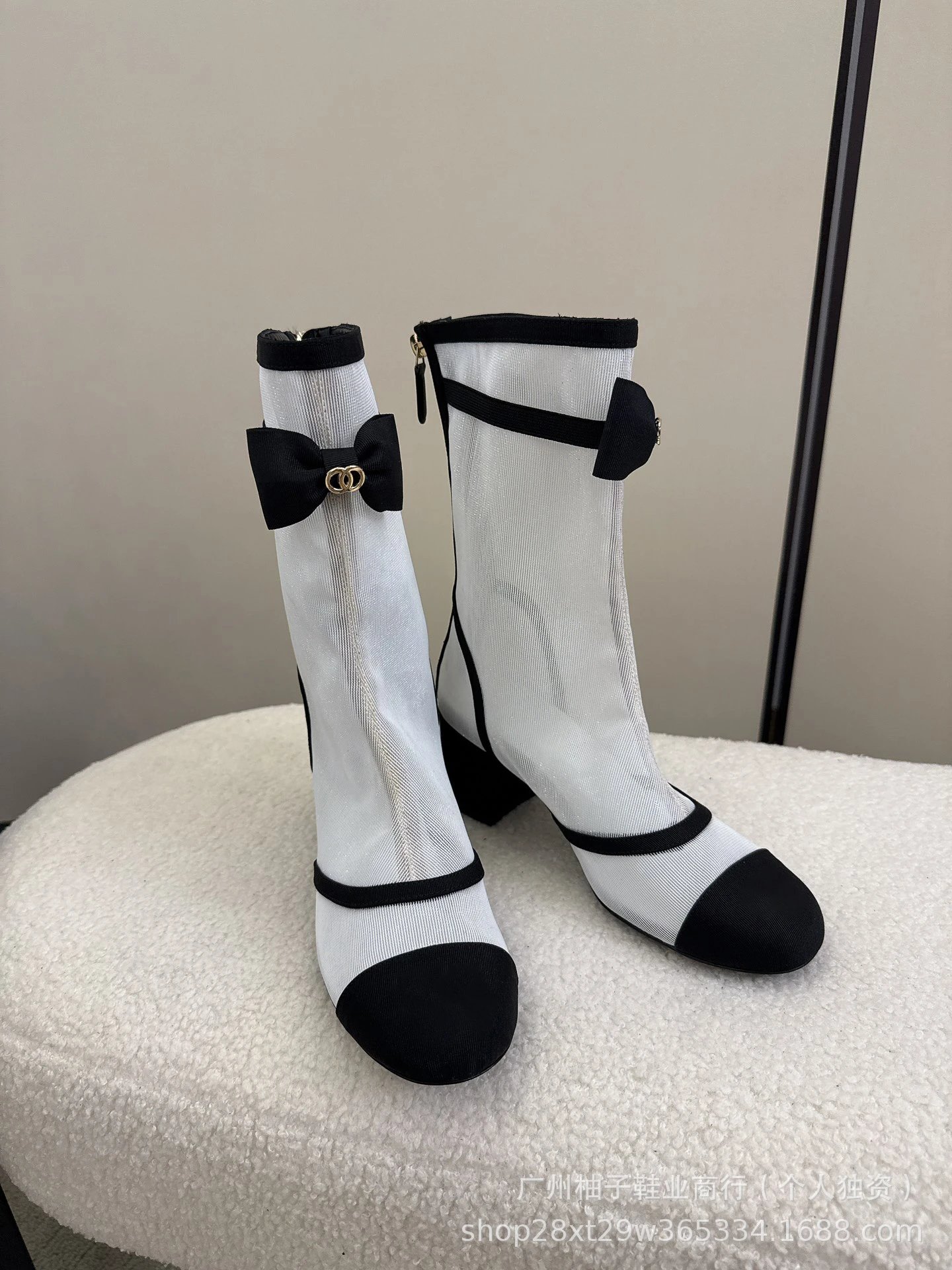 Chanel-Inspired Bow Mesh Ankle Boots White Black