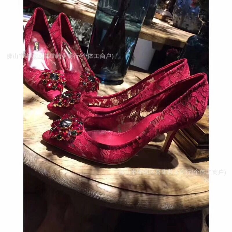 Lace Embroidered Stiletto Heels in Gray with Crystal Buckle - 5