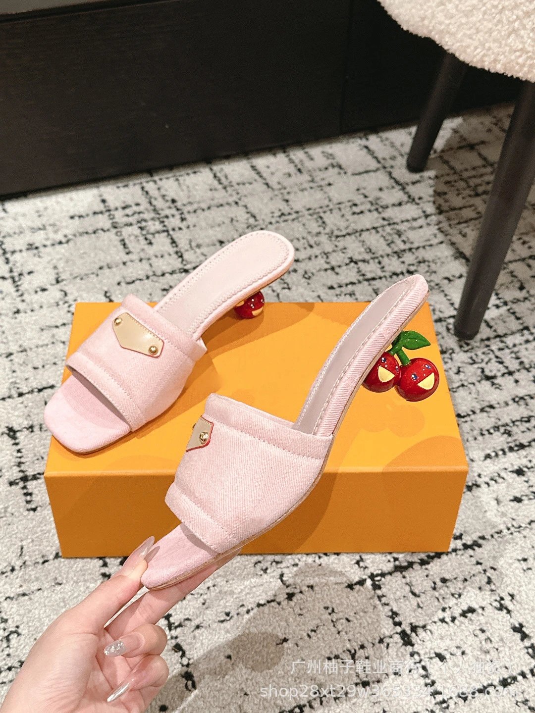 Cherry Blossom Print Mule Sandals with Fruit Heel Pink Slippers - 12