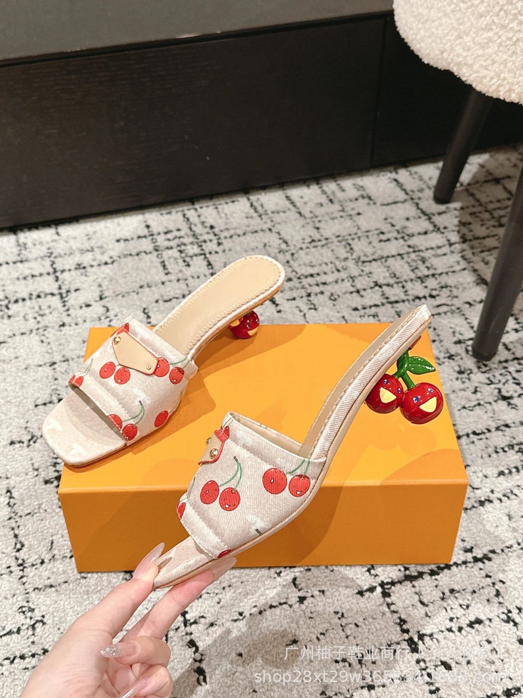 Cherry Blossom Print Mule Sandals with Fruit Heel Pink Slippers - 19