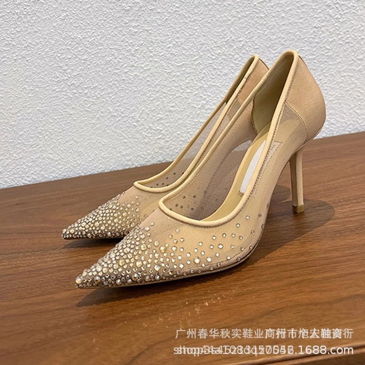 Beige Mesh Stiletto Heels with Crystal Embellishment Pointed-Toe Pumps - 14