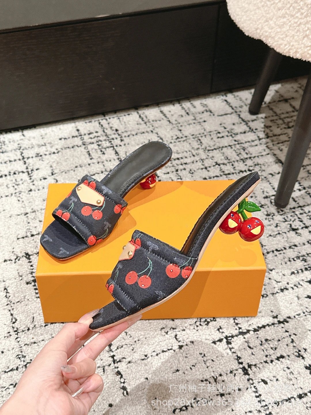 Cherry Blossom Print Mule Sandals with Fruit Heel Pink Slippers - 23