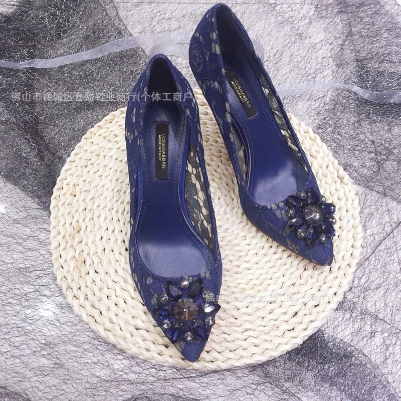 Lace Embroidered Stiletto Heels in Gray with Crystal Buckle - 21